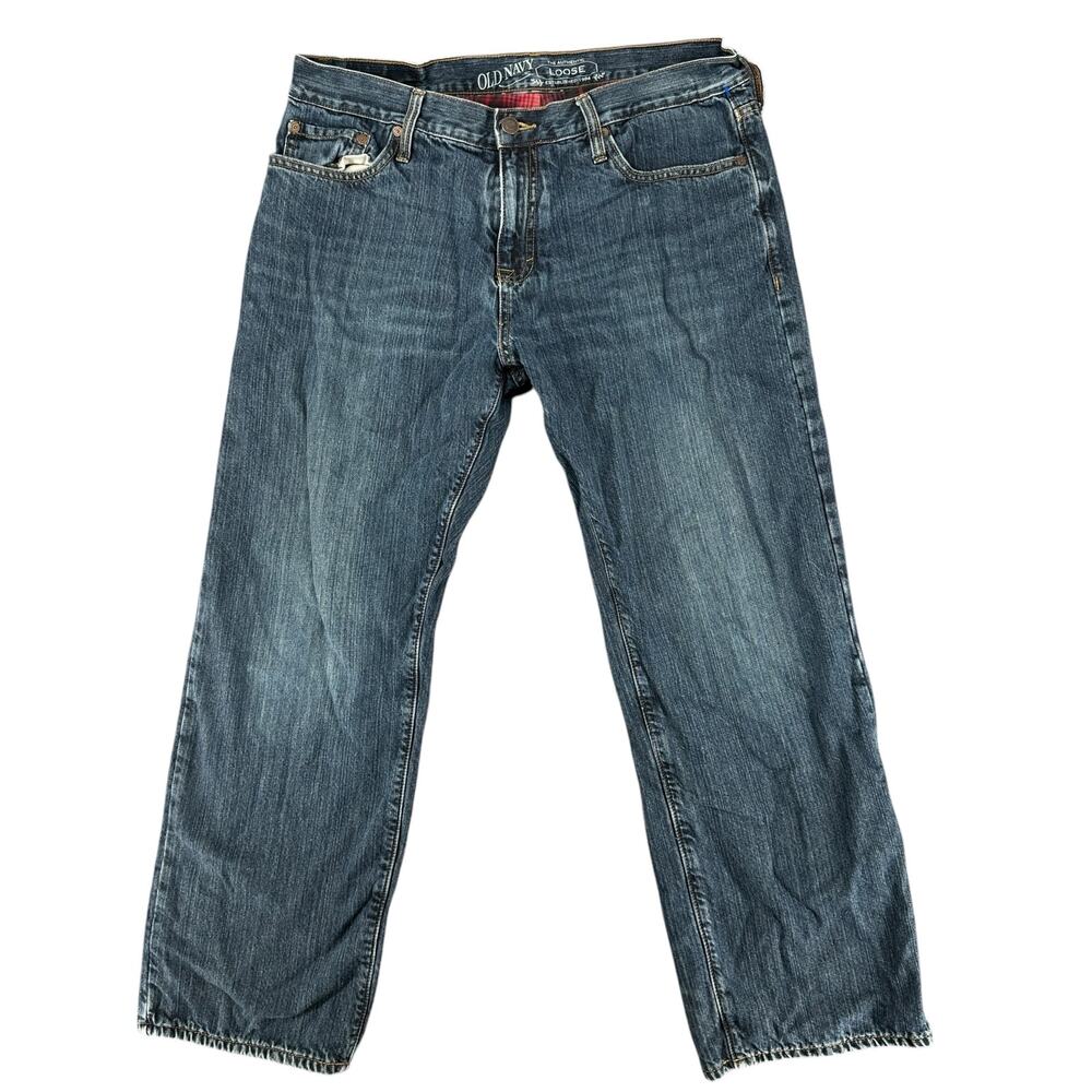 Vintage Old Navy Men's Loose Fit Blue Jeans Denim Red Plaid Lined 34x30